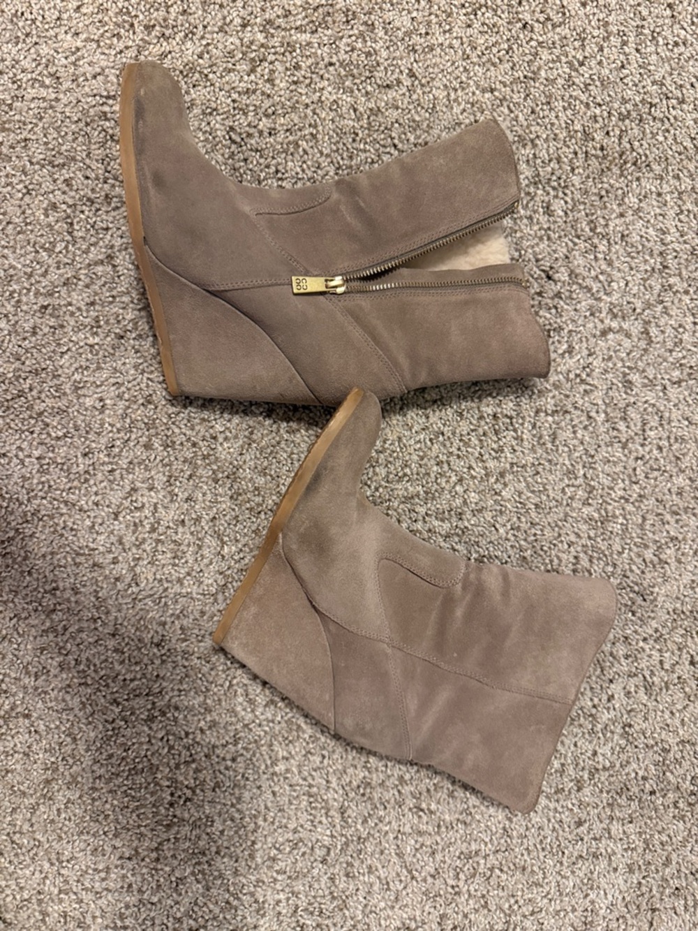 Coach Taupe Suede Wedge Ankle Boots with Gold Zip
